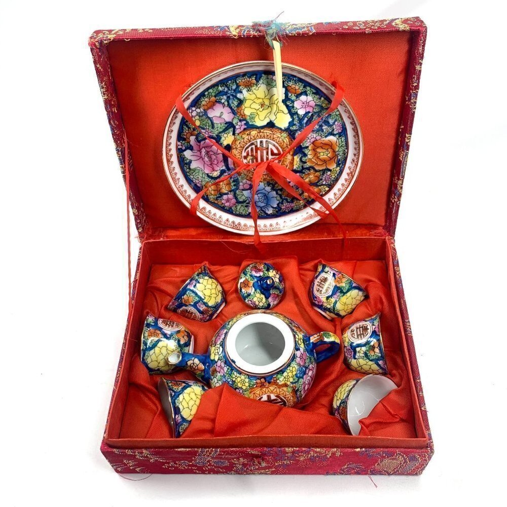 Vintage Miniature Floral Tea Set For 6 Silk Presentation Box Red/Blue Porcelain